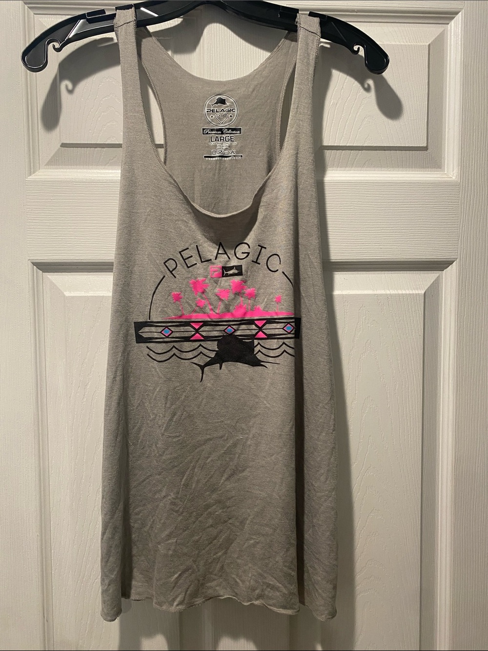 Pelagic Gray Tank with Pink & Black Marlin Graphic